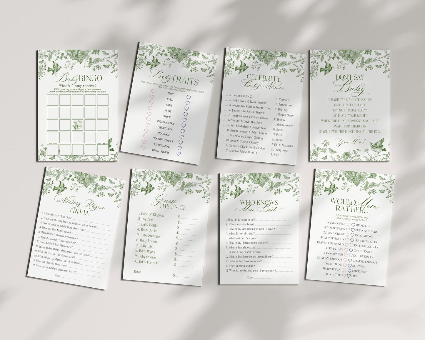 Green Toile De Jouy Baby Shower Games Template, Baby in Bloom Wildflower Chinoiserie Baby Brunch Olive Toile Butterflies Birds WP1007