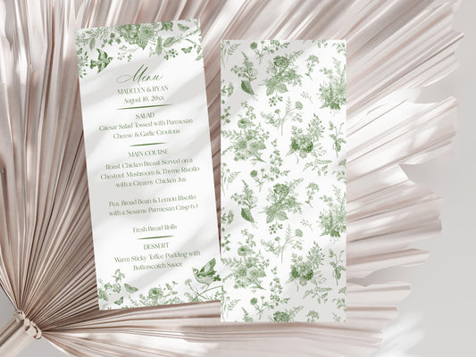 Green Toile De Jouy Printable Wedding Menu Template, Olive Chinoiserie French Theme Wedding Sage Wildflower Bridal Shower WP1007