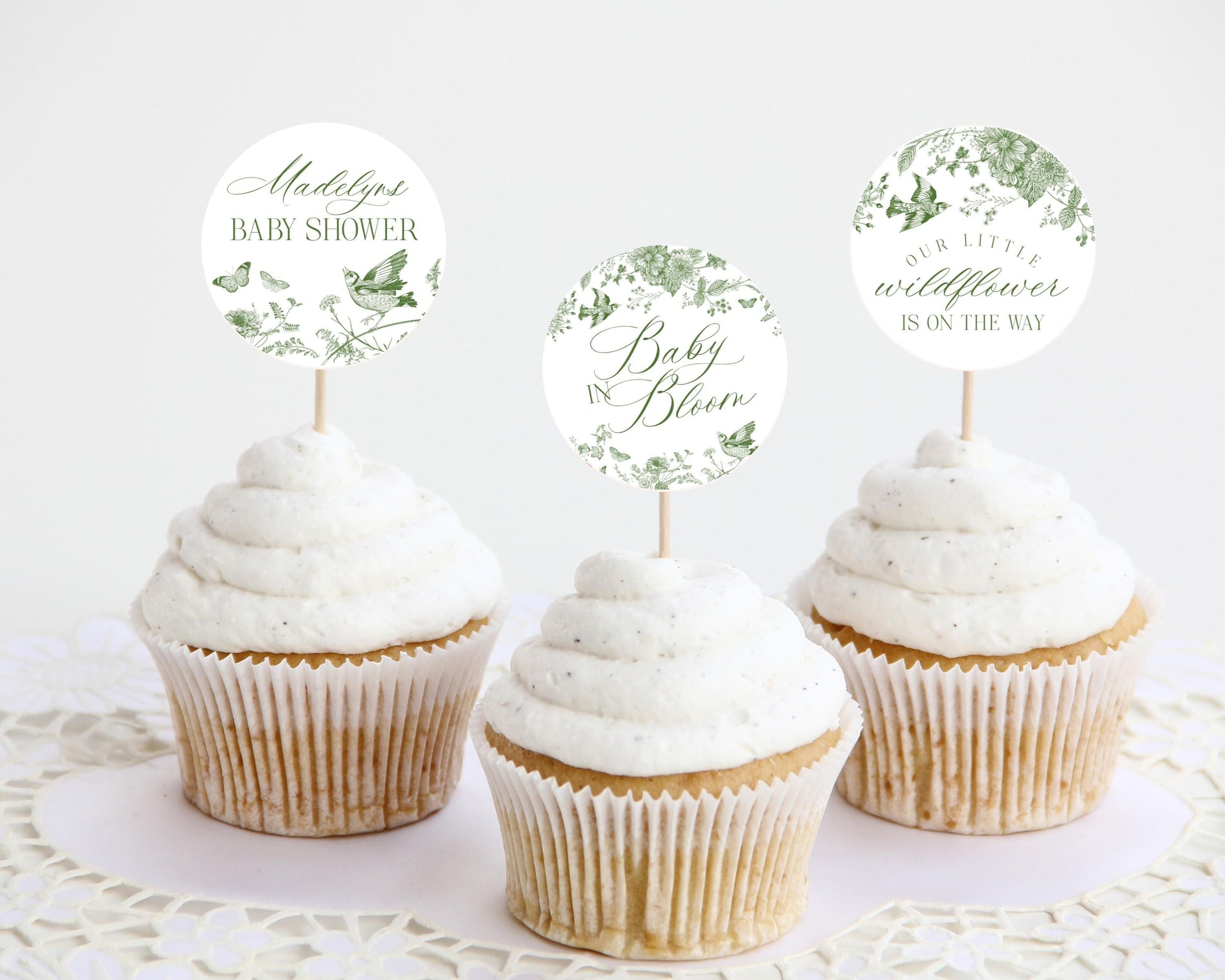 Green Toile De Jouy Baby Shower Cupcake Topper Template, Baby in Bloom Wildflower Chinoiserie Baby Brunch Olive Butterflies Birds WP1007