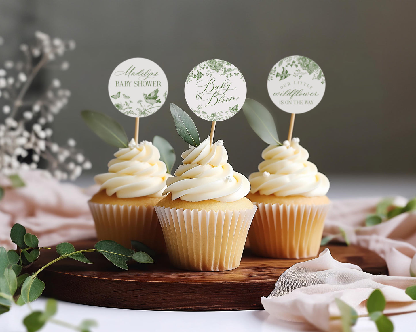 Green Toile De Jouy Baby Shower Cupcake Topper Template, Baby in Bloom Wildflower Chinoiserie Baby Brunch Olive Butterflies Birds WP1007