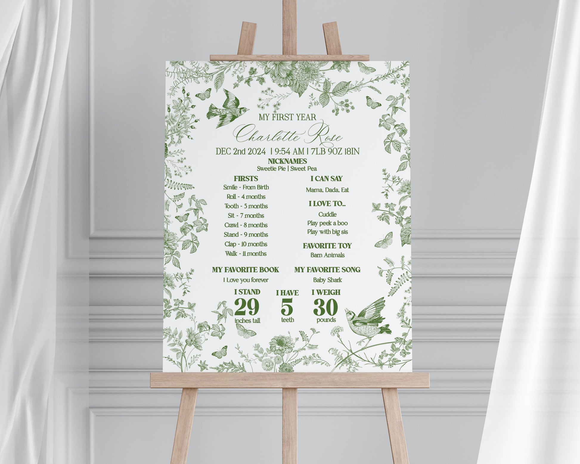 Green Toile De Jouy First Year Milestone Sign Template, Olive Chinoiserie 1st Birthday Party, Wildflower Toile Butterflies and Birds WP1007