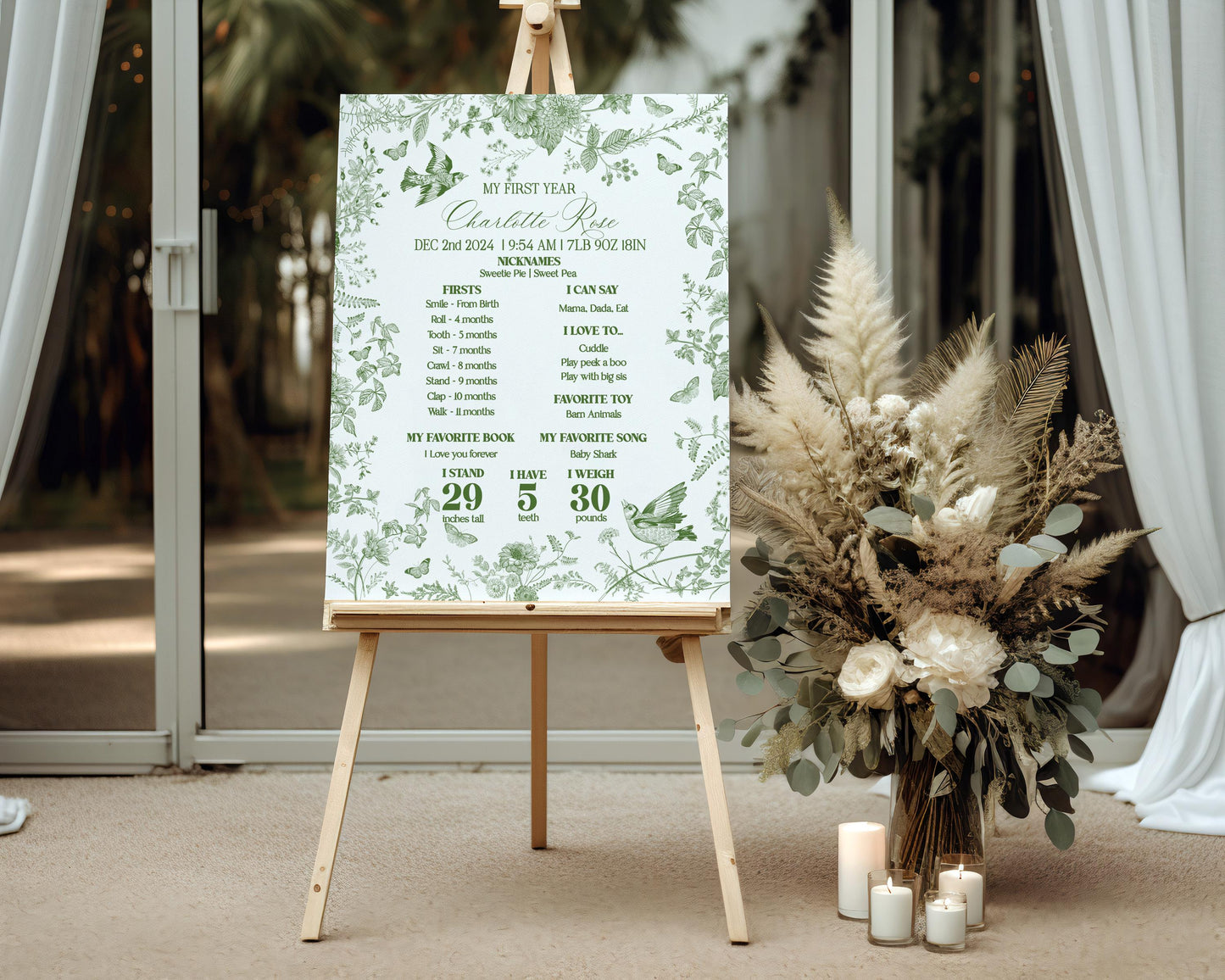 Green Toile De Jouy First Year Milestone Sign Template, Olive Chinoiserie 1st Birthday Party, Wildflower Toile Butterflies and Birds WP1007