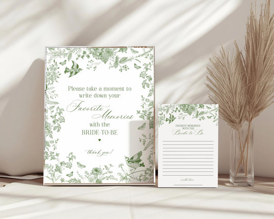 Green Toile De Jouy Favorite Memories with Bride Girl Template, Olive Chinoiserie French Theme Wedding Sage Wildflower Bridal Brunch WP1007