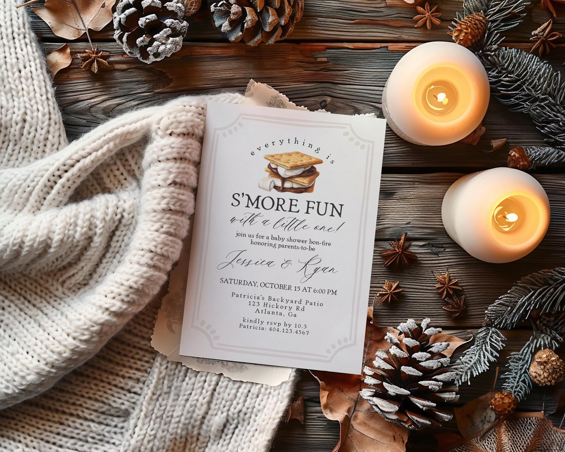 S'more Fall Bonfire Baby Shower Invitation Printable Template, Smore to Love Baby Sprinkle for Gender Neutral Backyard Baby Shower WP1012