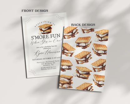 S'more Fall Bonfire Birthday Party Invitation Printable Template, Smore Bday Party Decor for Gender Neutral Backyard Birthday Firepit WP1012