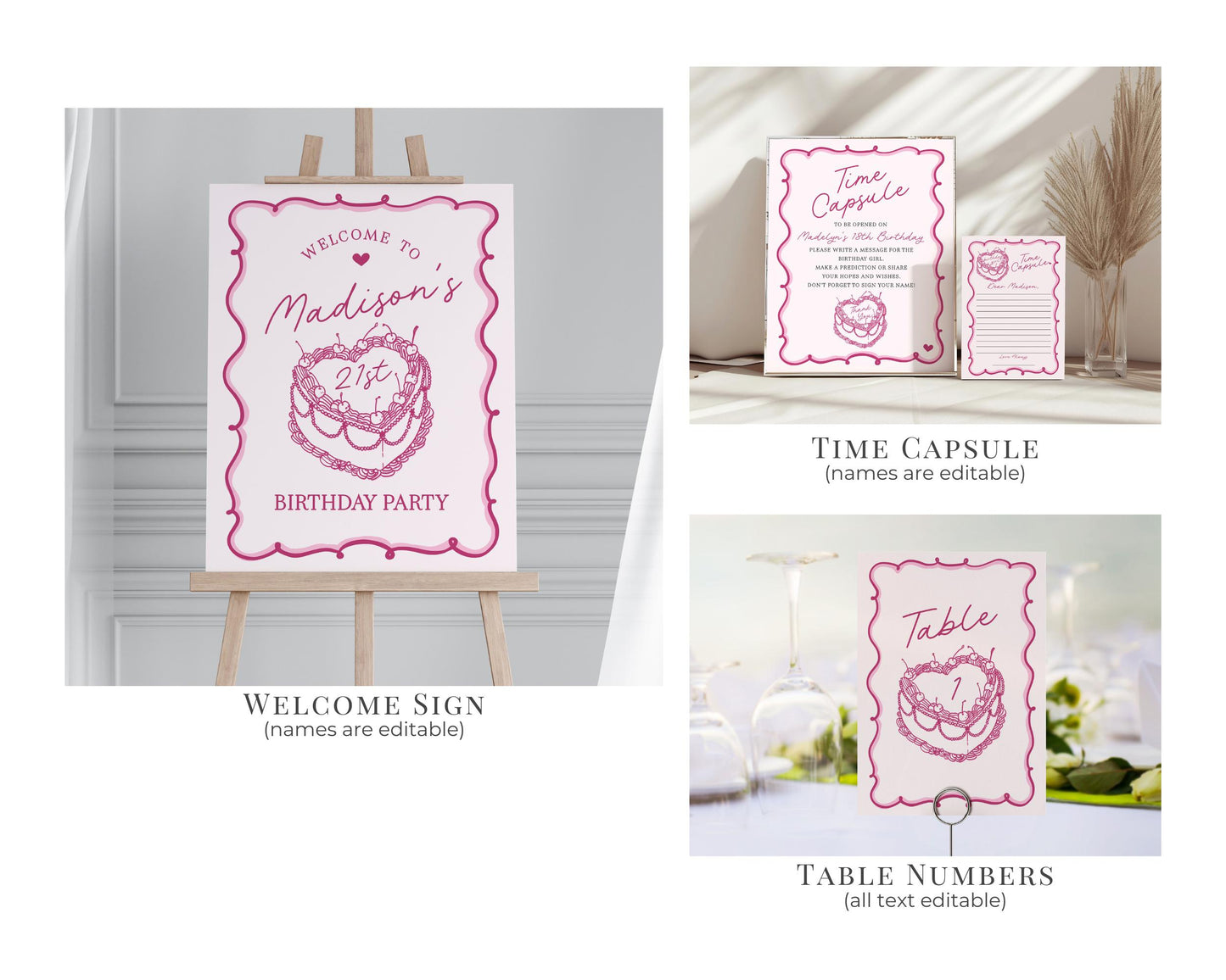 Pink Coquette Heart Cake First Birthday Bundle Printable Template, Retro Cherry Sweet French Theme Vintage Birthday Party Decor, WP1008