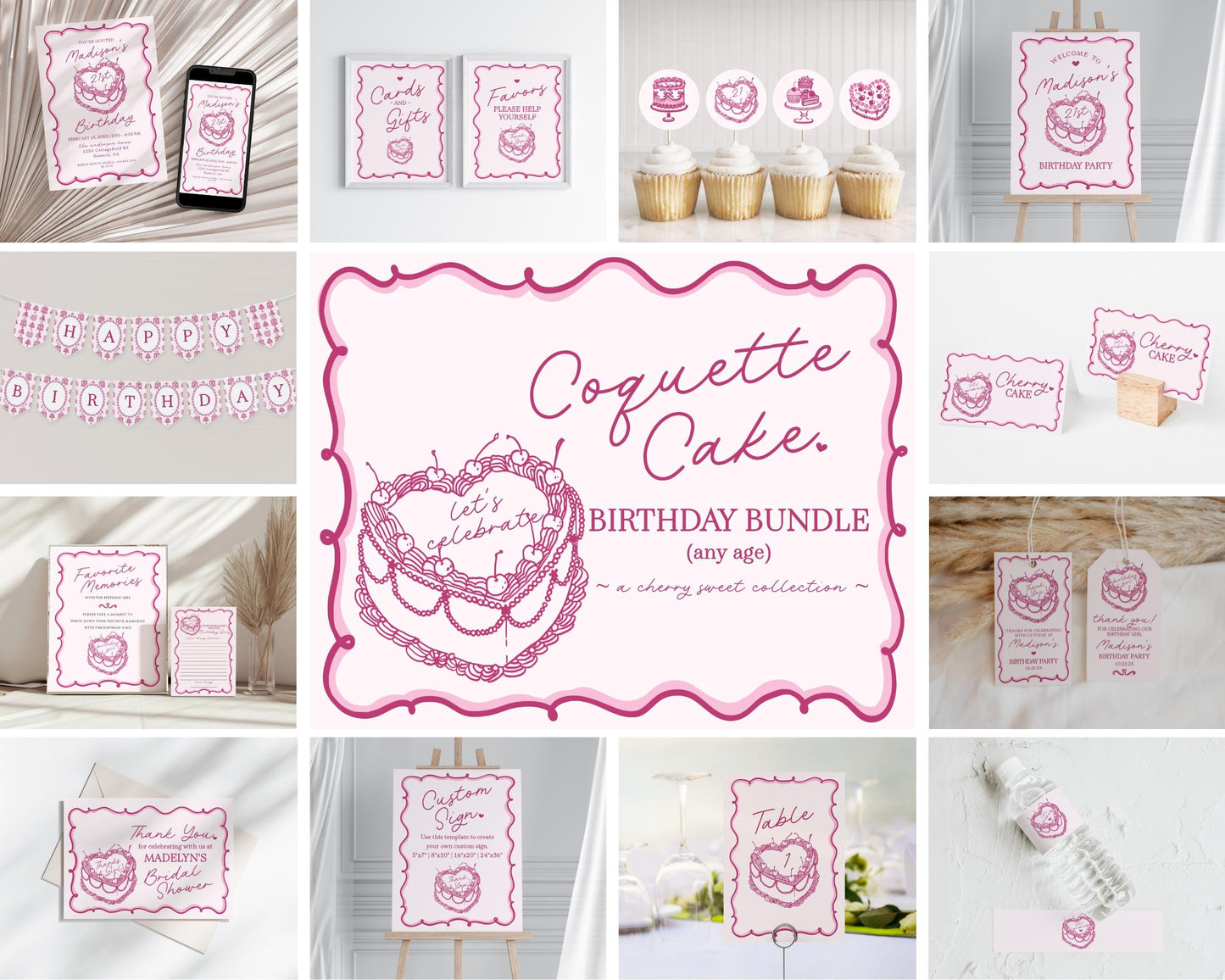 Pink Coquette Heart Cake Birthday Bundle Printable Template, Retro Cherry Sweet French Theme Vintage Birthday Party Decor, WP1008