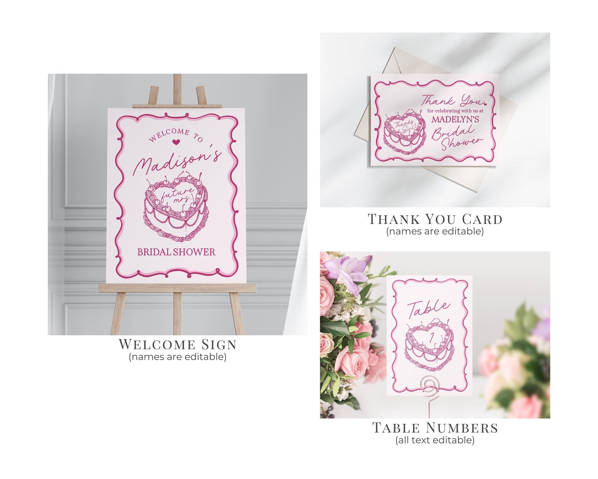 Pink Coquette Heart Cake Bridal Shower Bundle Printable Template, Vintage Cherry Sweet French Theme Retro Wedding Cake Bridal Brunch WP1008