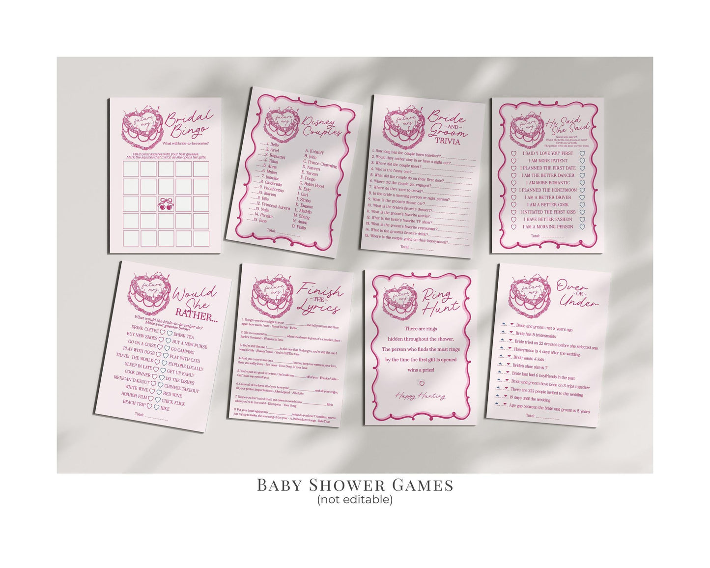 Pink Coquette Heart Cake Bridal Shower Bundle Printable Template, Vintage Cherry Sweet French Theme Retro Wedding Cake Bridal Brunch WP1008