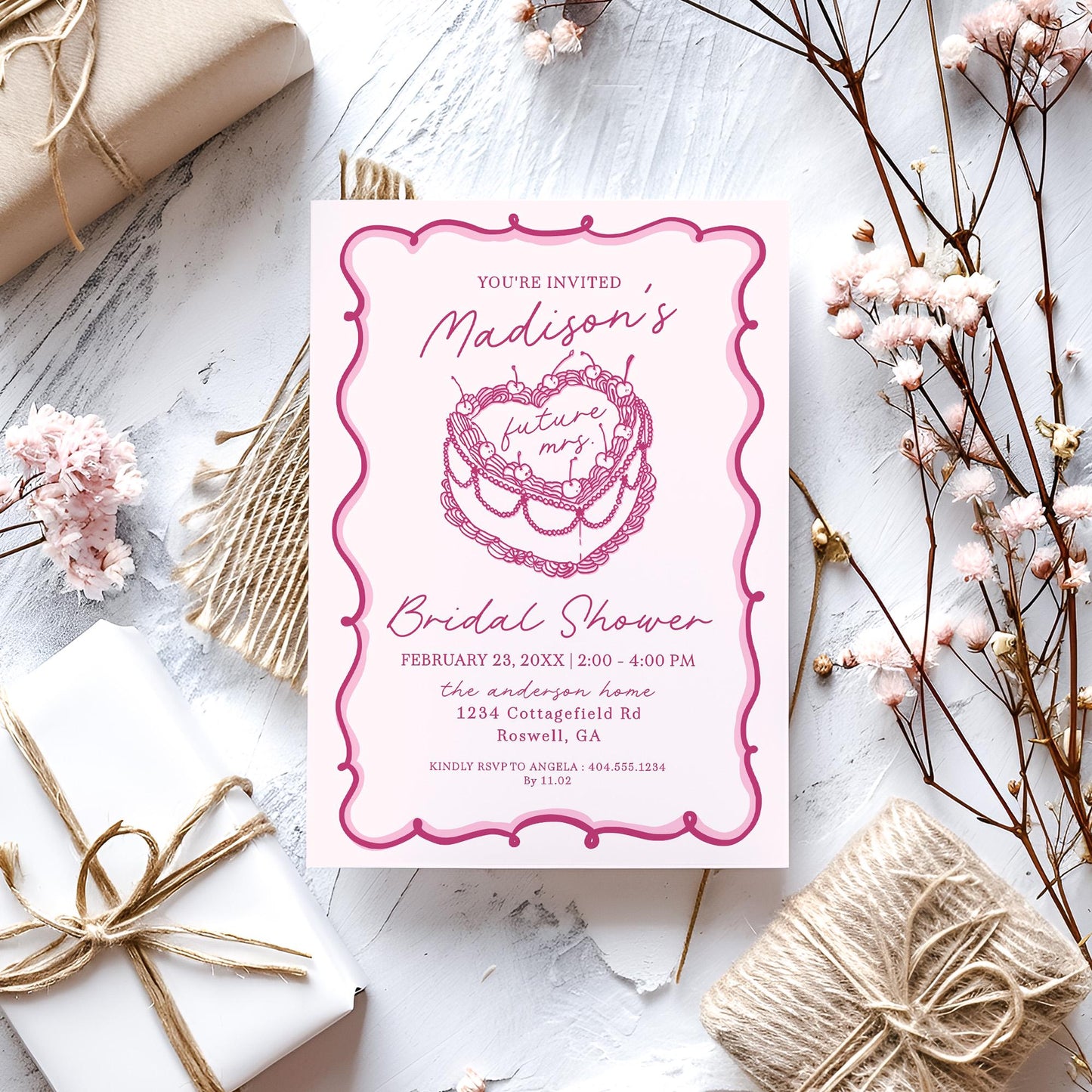 Pink Coquette Heart Cake Bridal Shower Invitation Printable Template, Vintage Cherry Sweet Theme Retro Wedding Cake Bridal Brunch WP1008