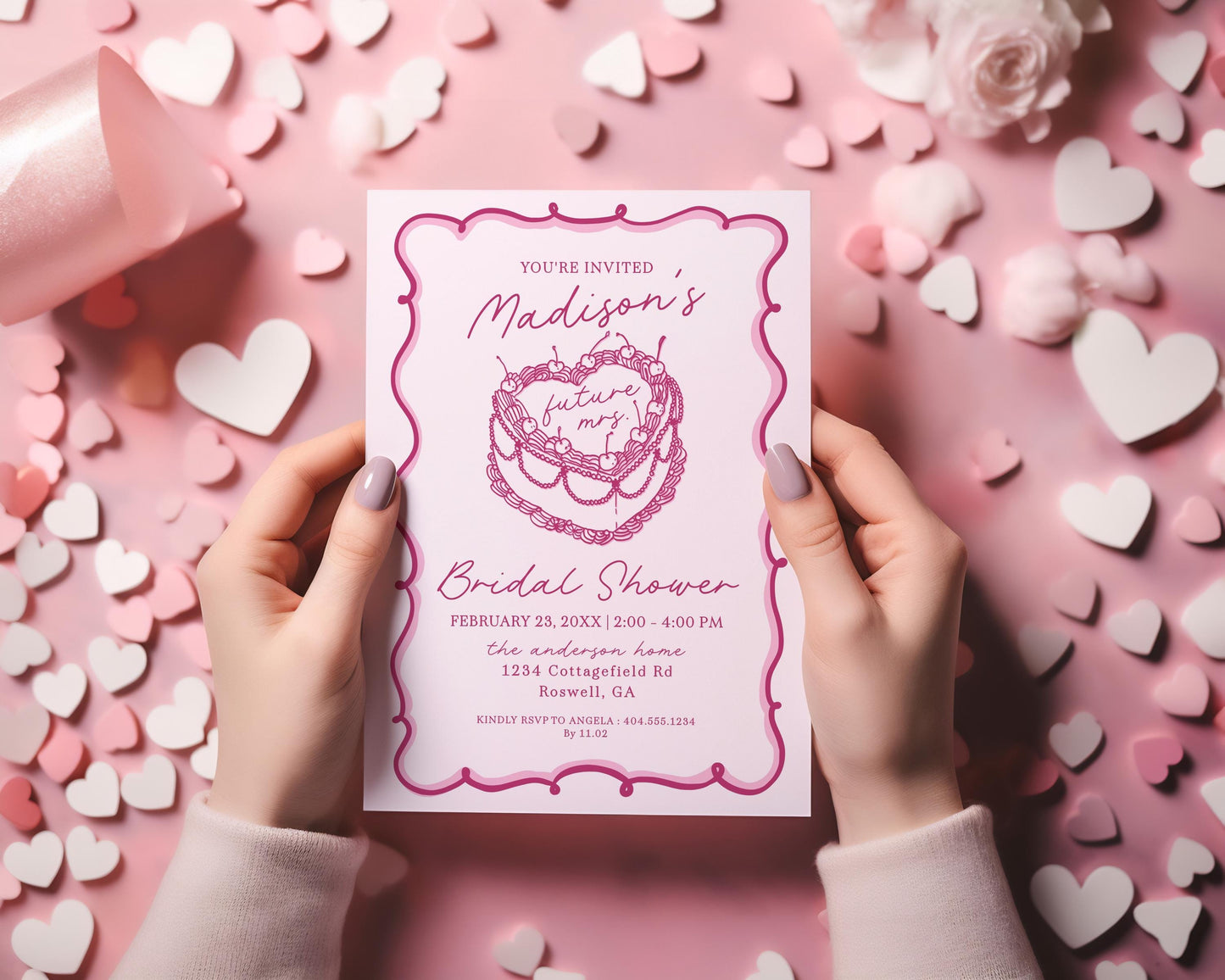 Pink Coquette Heart Cake Bridal Shower Invitation Printable Template, Vintage Cherry Sweet Theme Retro Wedding Cake Bridal Brunch WP1008