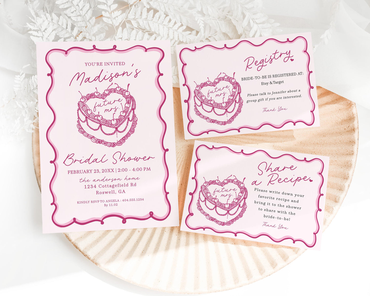 Pink Coquette Heart Cake Bridal Shower Invitation Printable Template, Vintage Cherry Sweet Theme Retro Wedding Cake Bridal Brunch WP1008