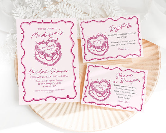 Pink Coquette Heart Cake Bridal Shower Invitation Printable Template, Vintage Cherry Sweet Theme Retro Wedding Cake Bridal Brunch WP1008