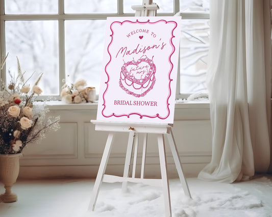 Pink Coquette Heart Cake Bridal Shower Welcome Sign Printable Template, Vintage Cherry Sweet Theme Retro Wedding Cake Bridal Brunch WP1008