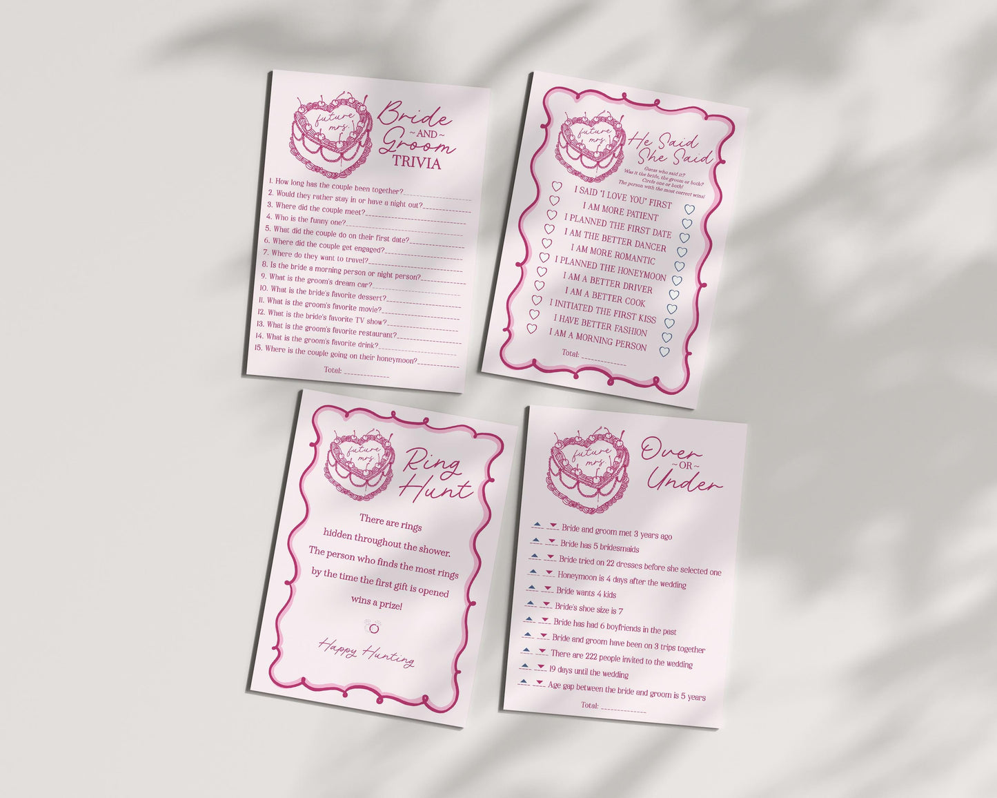 Pink Coquette Heart Cake Bridal Shower Games Set Printable Template, Vintage Cherry Sweet Theme Retro Wedding Cake Bridal Brunch WP1008