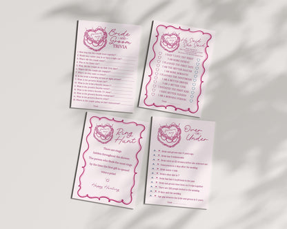 Pink Coquette Heart Cake Bridal Shower Games Set Printable Template, Vintage Cherry Sweet Theme Retro Wedding Cake Bridal Brunch WP1008