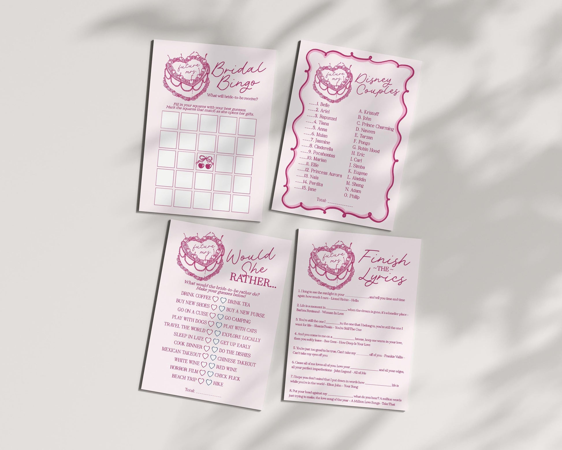 Pink Coquette Heart Cake Bridal Shower Games Set Printable Template, Vintage Cherry Sweet Theme Retro Wedding Cake Bridal Brunch WP1008