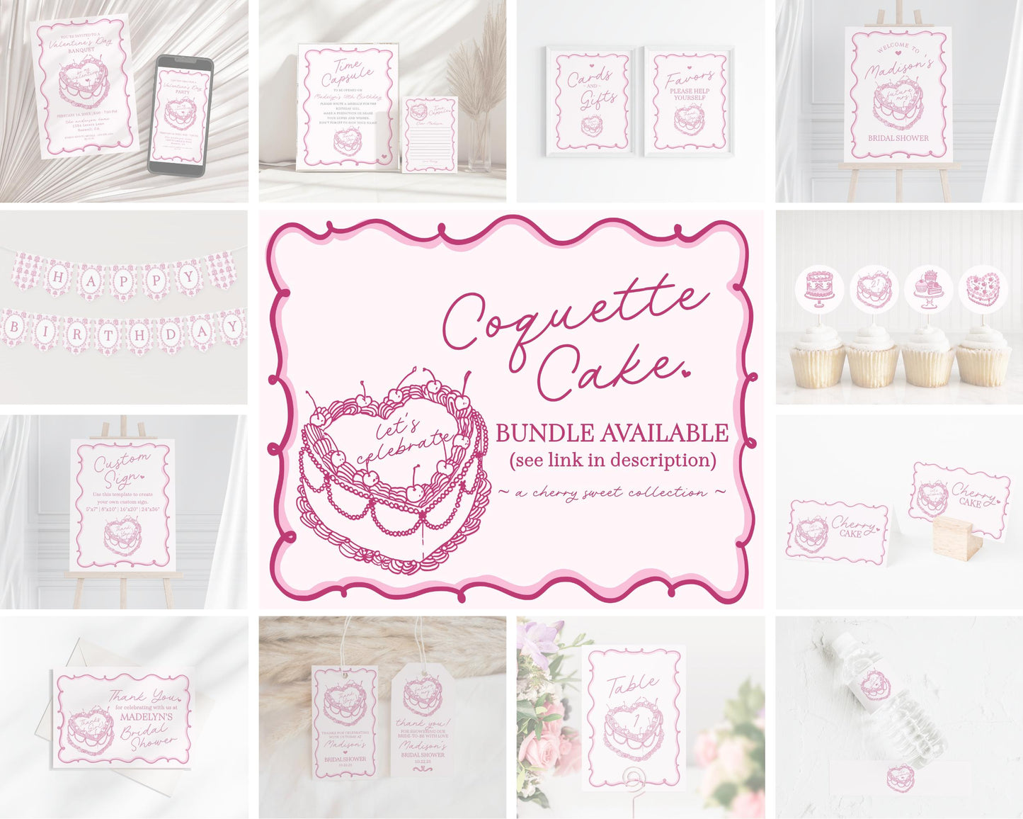 Pink Coquette Heart Cake Birthday Banner Printable Template, Retro Cherry Sweet French Theme Vintage Birthday Party Decor, WP1008