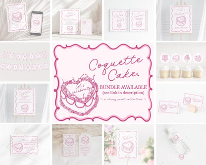 Pink Coquette Heart Cake Birthday Banner Printable Template, Retro Cherry Sweet French Theme Vintage Birthday Party Decor, WP1008