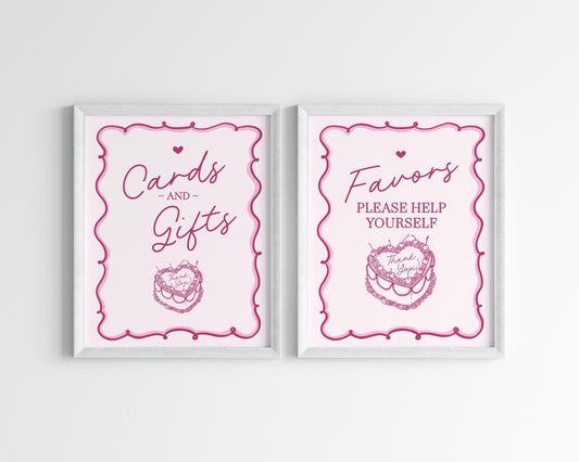 Pink Coquette Heart Cake Cards & Gifts and Favors Sign Template, Vintage Cherry Sweet Birthday Theme Retro Wedding Cake Bridal Brunch WP1008