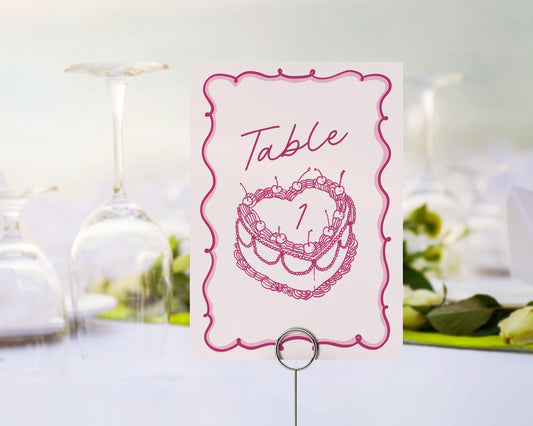 Pink Heart Cake Table Number Cards Printable Template, Vintage Cherry Sweet Theme Birthday Retro Wedding Cake Bridal Shower Brunch WP1008