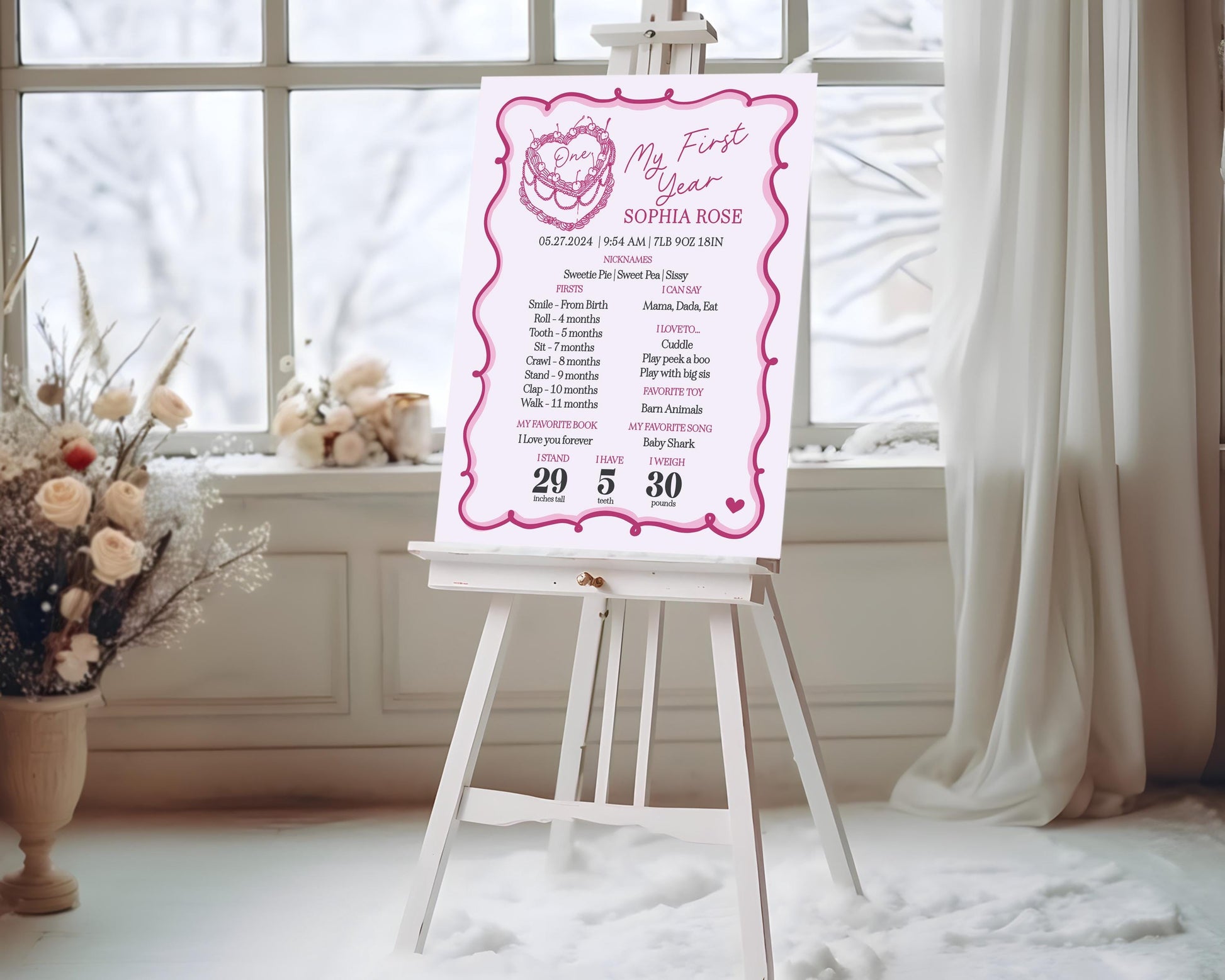 Pink Coquette Heart Cake First Year Milestone Sign Printable Template, Retro Cherry Sweet French Theme Vintage Birthday Party Decor WP1008