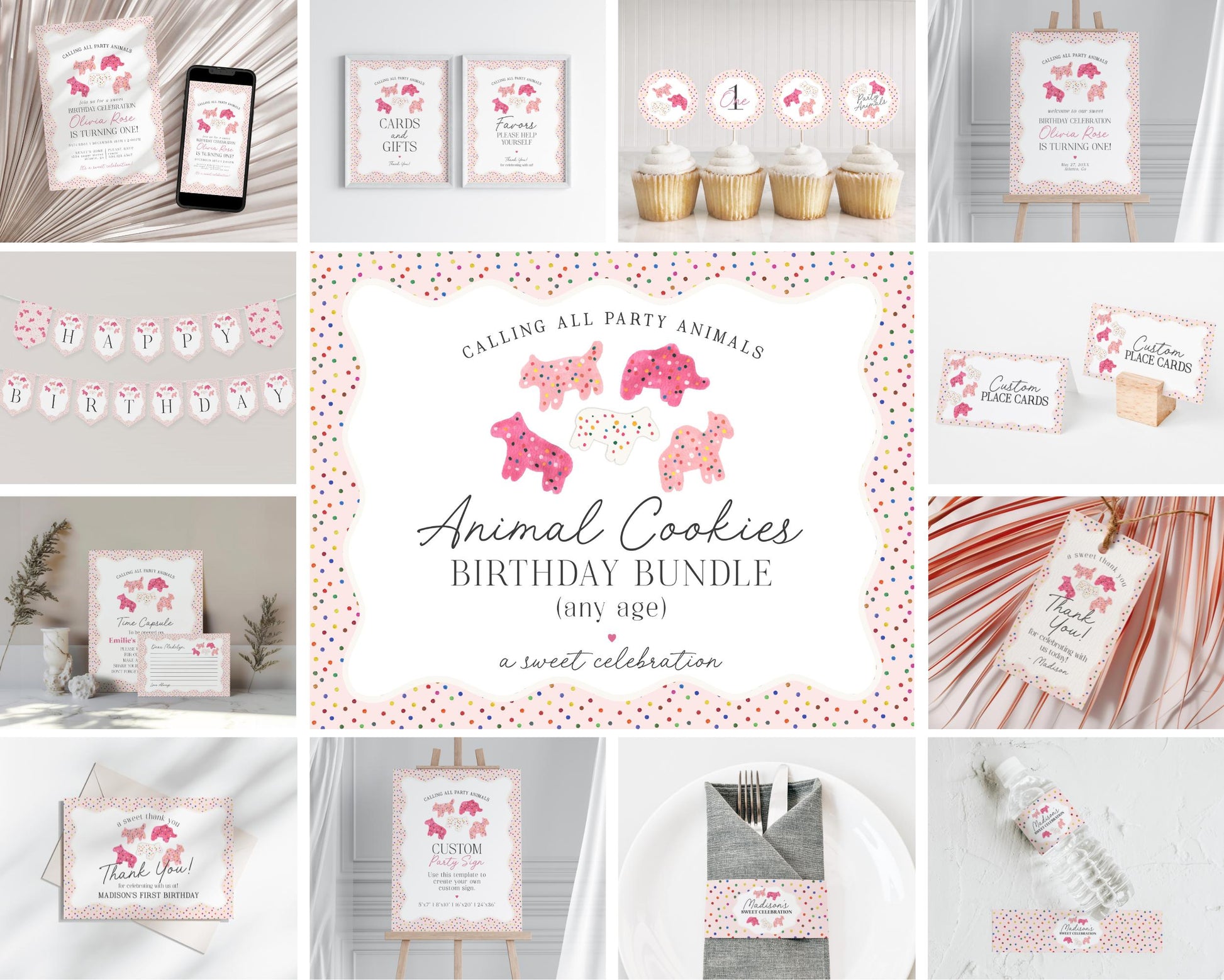 Frosted Animal Cookies Birthday Party Bundle Template, Calling Party Animals, sweet celebration retro circus rainbow sprinkles WP1015