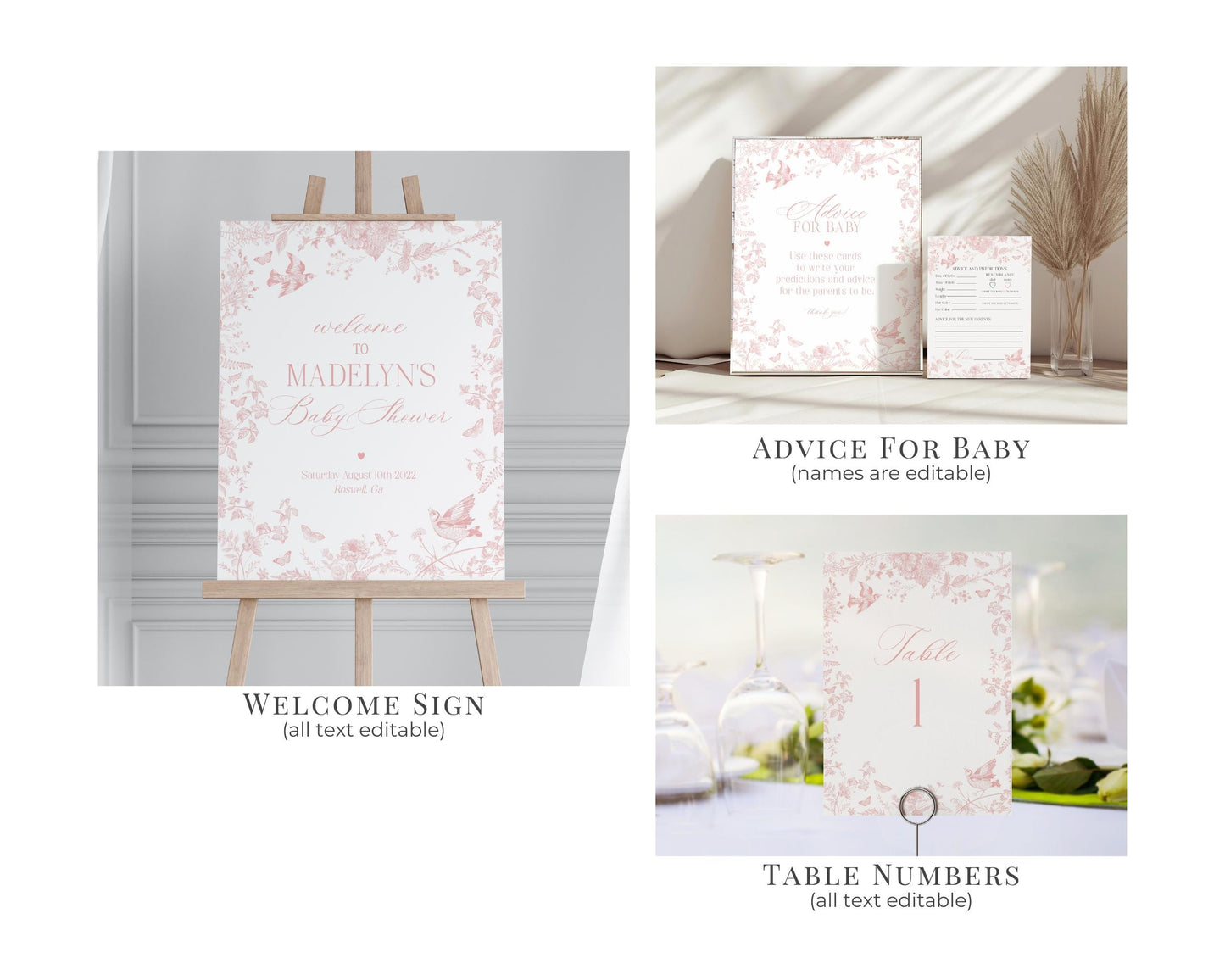 Pink Toile De Jouy Baby Shower Printable Bundle, Pink Wildflower Chinoiserie Baby Sprinkle for Girl French Floral Baby in Bloom Decor WP1011