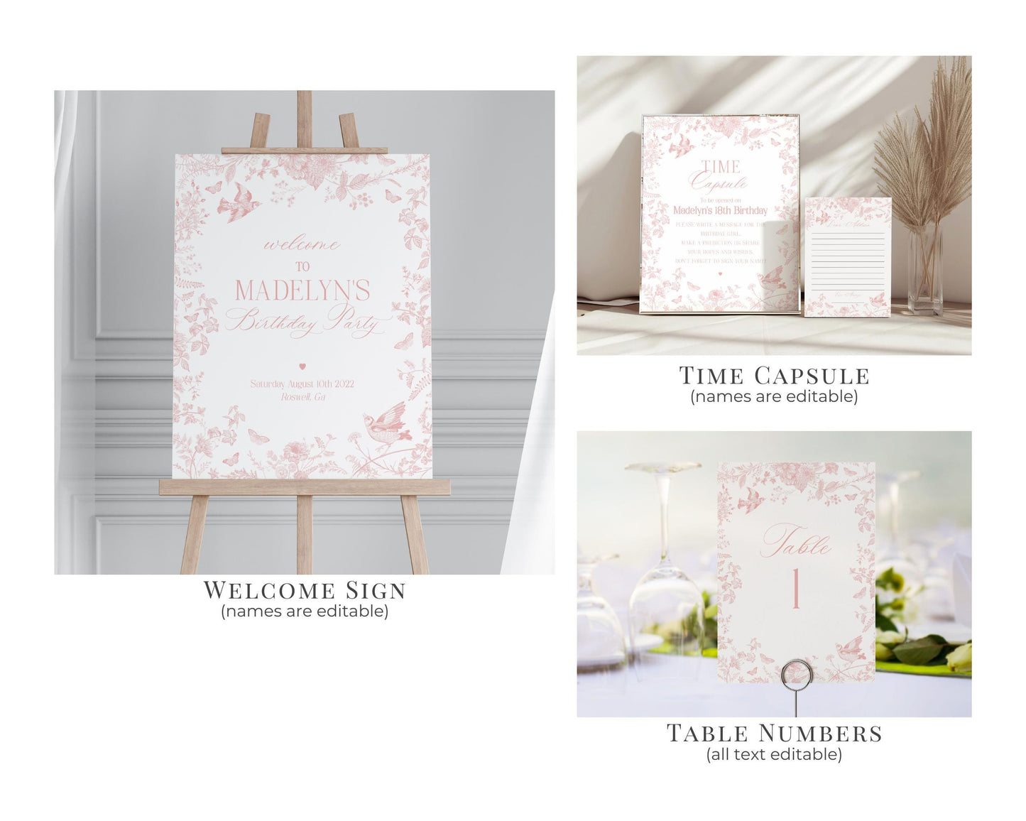 Pink Toile De Jouy First Birthday Bundle Printable Template, Pink Wildflower Chinoiserie 1st Birthday Party for Girl, French Floral WP1011