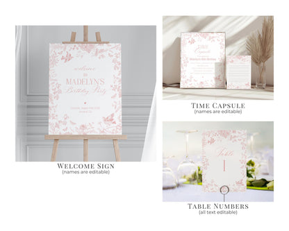 Pink Toile De Jouy First Birthday Bundle Printable Template, Pink Wildflower Chinoiserie 1st Birthday Party for Girl, French Floral WP1011