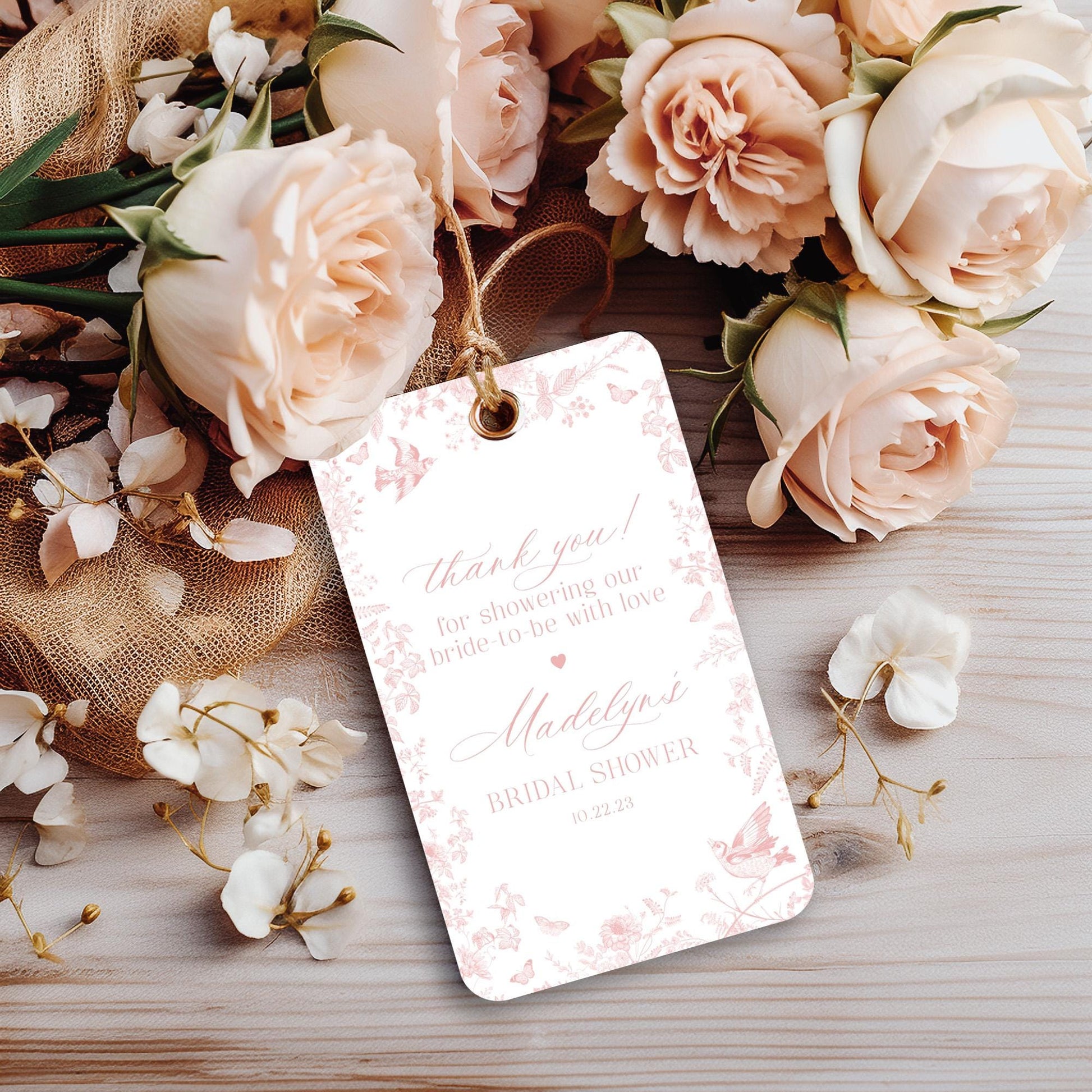 Pink Toile De Jouy Bridal Shower Favor Tags Template, Wildflower Chinoiserie Bridal Brunch French Floral Wedding, Love is in Bloom WP1011