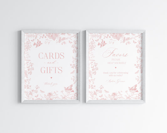 Pink Toile De Jouy Cards & Gifts and Favors Sign Printable Template, Wildflower Chinoiserie Baby Sprinkle, French Floral Baby in Boom WP1011