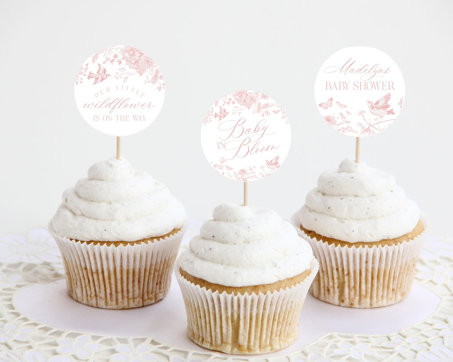 Pink Toile De Jouy Baby Shower Cupcake Toppers Template, Wildflower Chinoiserie Baby Sprinkle Girl, French Floral Shower Baby in Boom WP1011