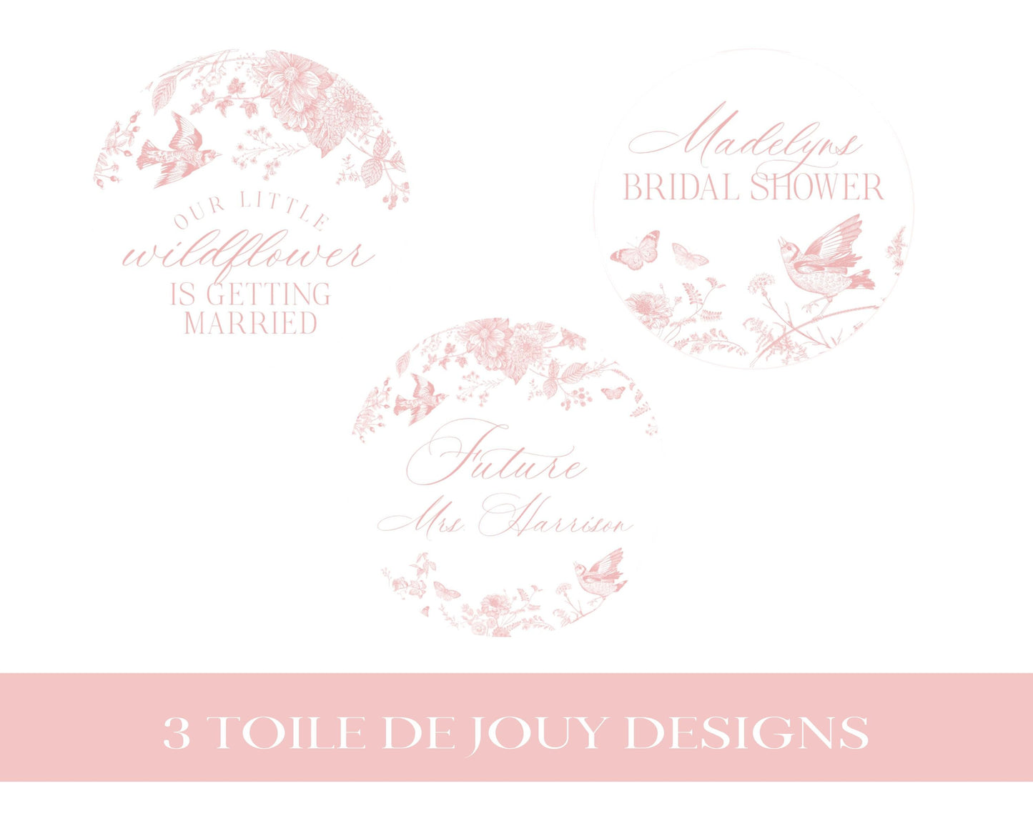 Pink Toile De Jouy Bridal Shower Cupcake Topper Template, Wildflower Chinoiserie Bridal Brunch French Floral Wedding Love is in Bloom WP1011