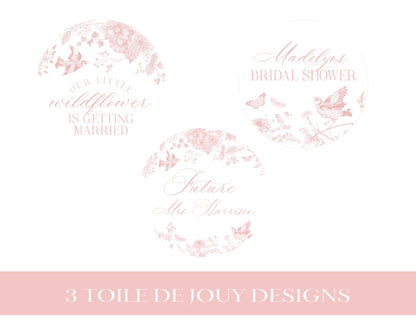 Pink Toile De Jouy Bridal Shower Cupcake Topper Template, Wildflower Chinoiserie Bridal Brunch French Floral Wedding Love is in Bloom WP1011