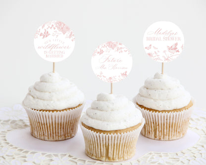 Pink Toile De Jouy Bridal Shower Cupcake Topper Template, Wildflower Chinoiserie Bridal Brunch French Floral Wedding Love is in Bloom WP1011