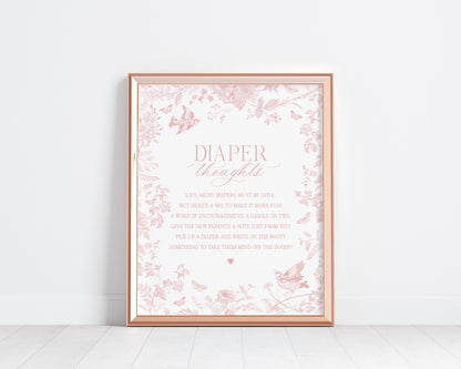 Pink Toile De Jouy Baby Shower Diaper Thoughts Sign Template, Wildflower Chinoiserie Girl Baby Sprinkle, French Floral Baby in Boom WP1011