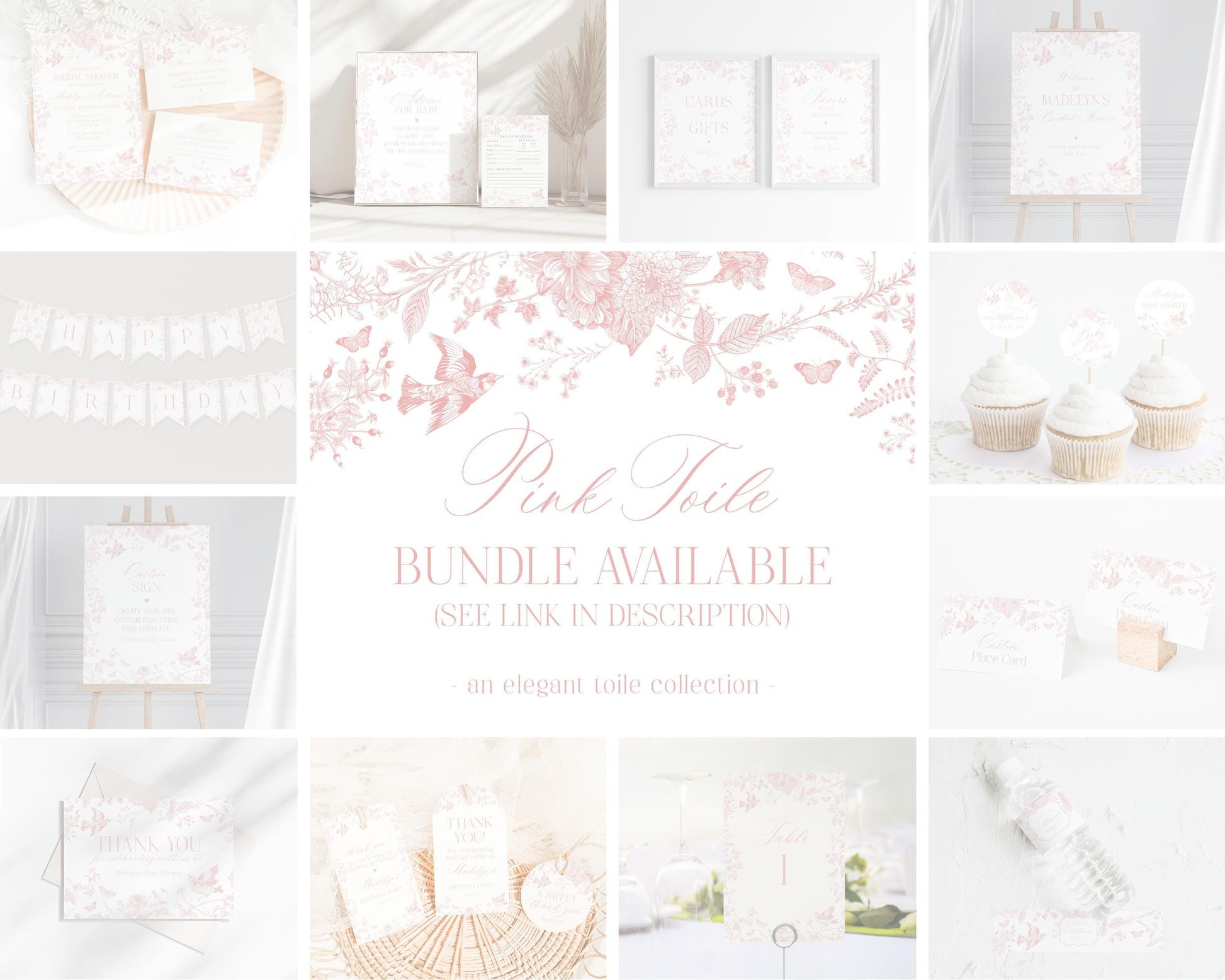 Pink Toile De Jouy Favorite Memories with Bride Girl Template, Wildflower Chinoiserie Bridal Brunch French Floral, Love is in Bloom WP1011