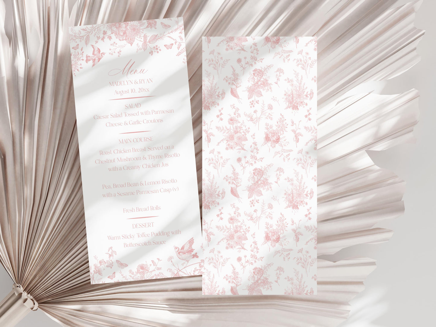 Pink Toile De Jouy Printable Wedding Menu Template, Wildflower Chinoiserie Bridal Brunch French Floral Wedding, Love is in Bloom WP1011