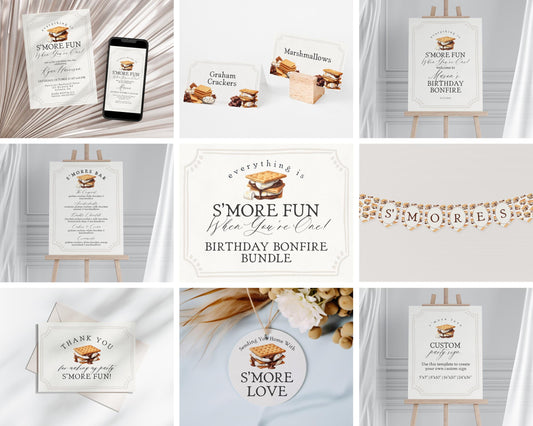 S'more Fall Bonfire Birthday Party Bundle Printable Template, Smore Birthday Party Decor for Gender Neutral Backyard Birthday Firepit WP1012