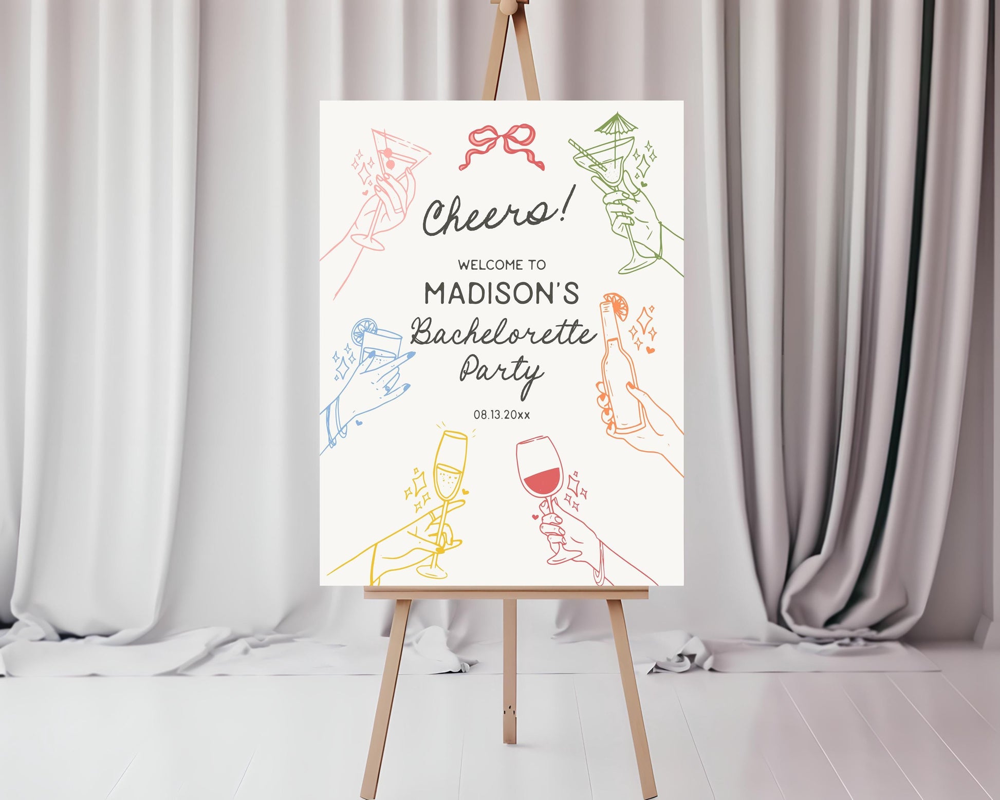 Cheers! Retro Cocktail Party Bachelorette Party Welcome Sign Printable Template, Colorful Hands Holding Cocktails Cin Cin Party Decor WP1016