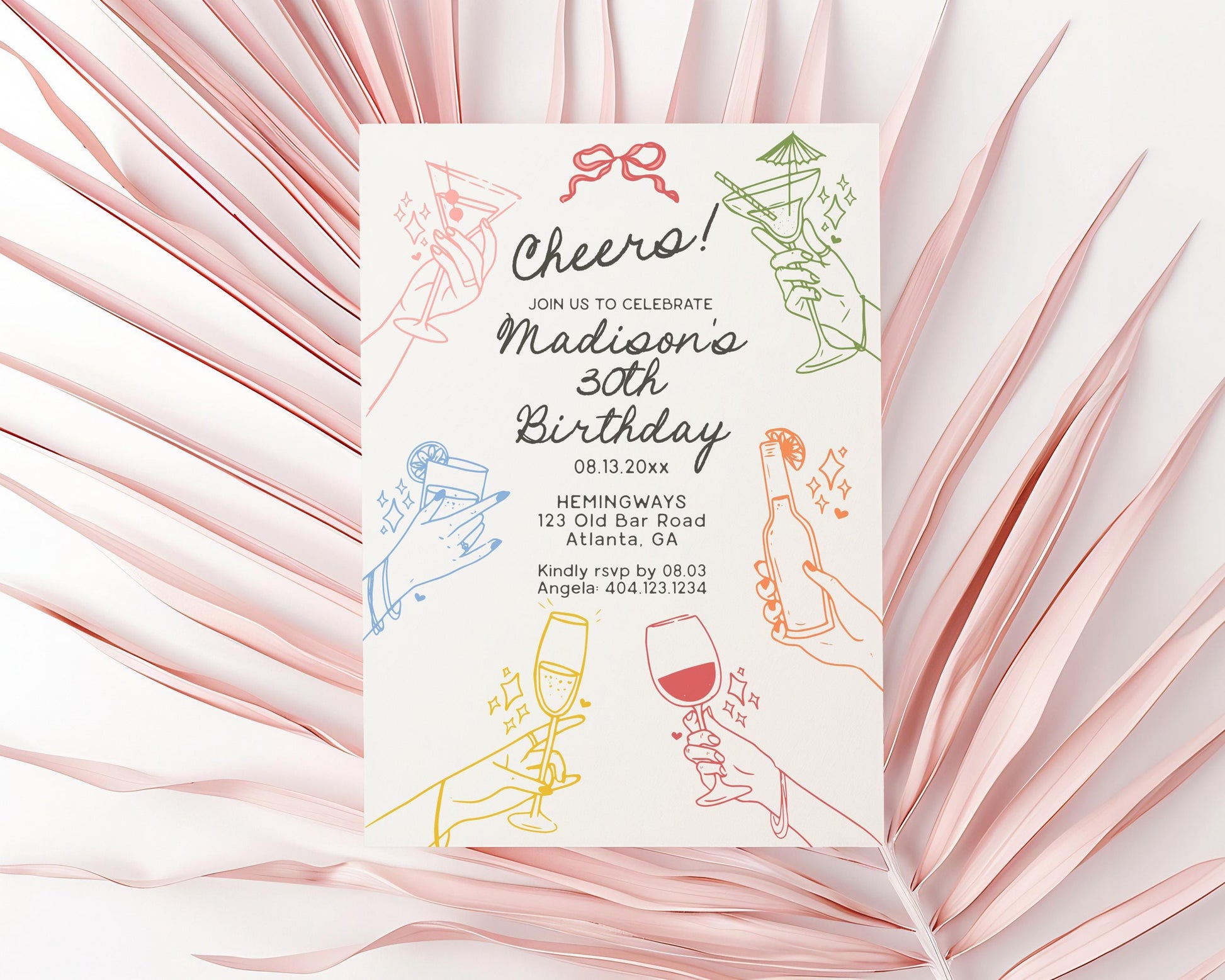 Cheers! Retro Cocktail Party Birthday Invitation Template, Colorful Hands Holding Cocktails Illustrations, Cin Cin Scribble Drawing WP1016