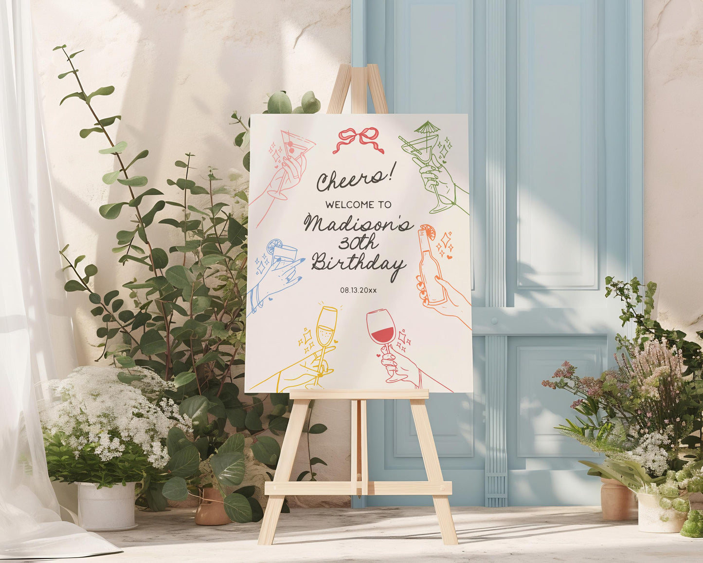 Cheers! Retro Cocktail Party Birthday Welcome Sign Printable Template, Colorful Hands Holding Cocktails Cin Cin Party Decor Scribble WP1016