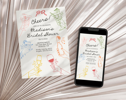 Cheers! Retro Cocktail Party Bridal Shower Invitation Template, Colorful Hands Holding Cocktails Illustrations, Cin Cin Scribble WP1016