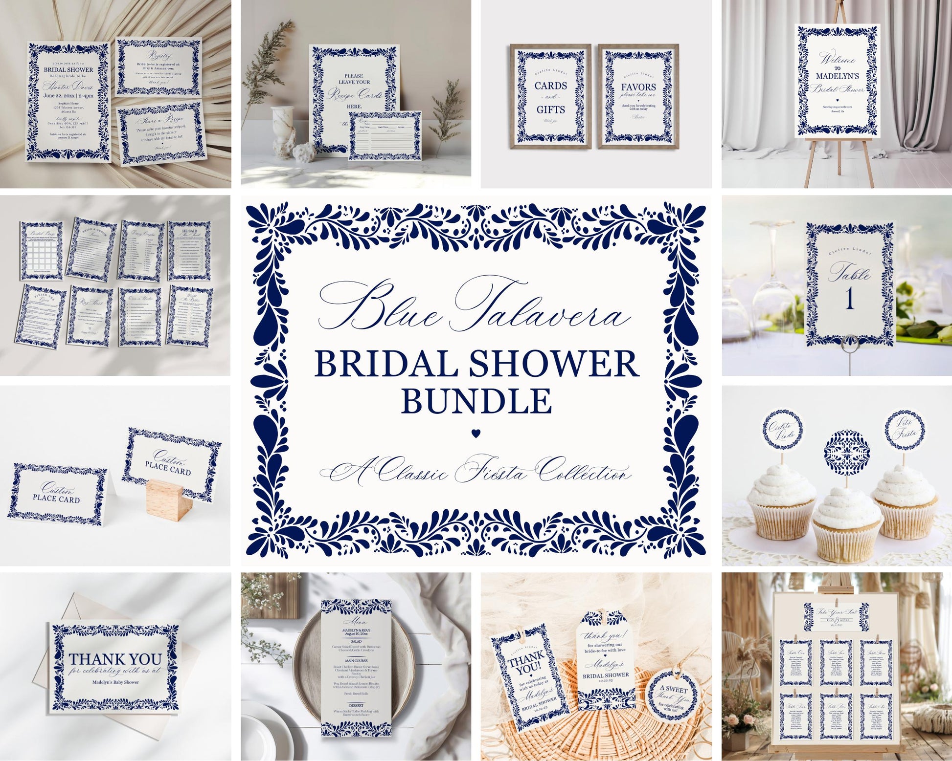 Blue Talavera Bridal Shower Printable Template Bundle, Spanish Tile Mexican Couples Shower Fiesta, Papel Picado Bridal Brunch WP1018