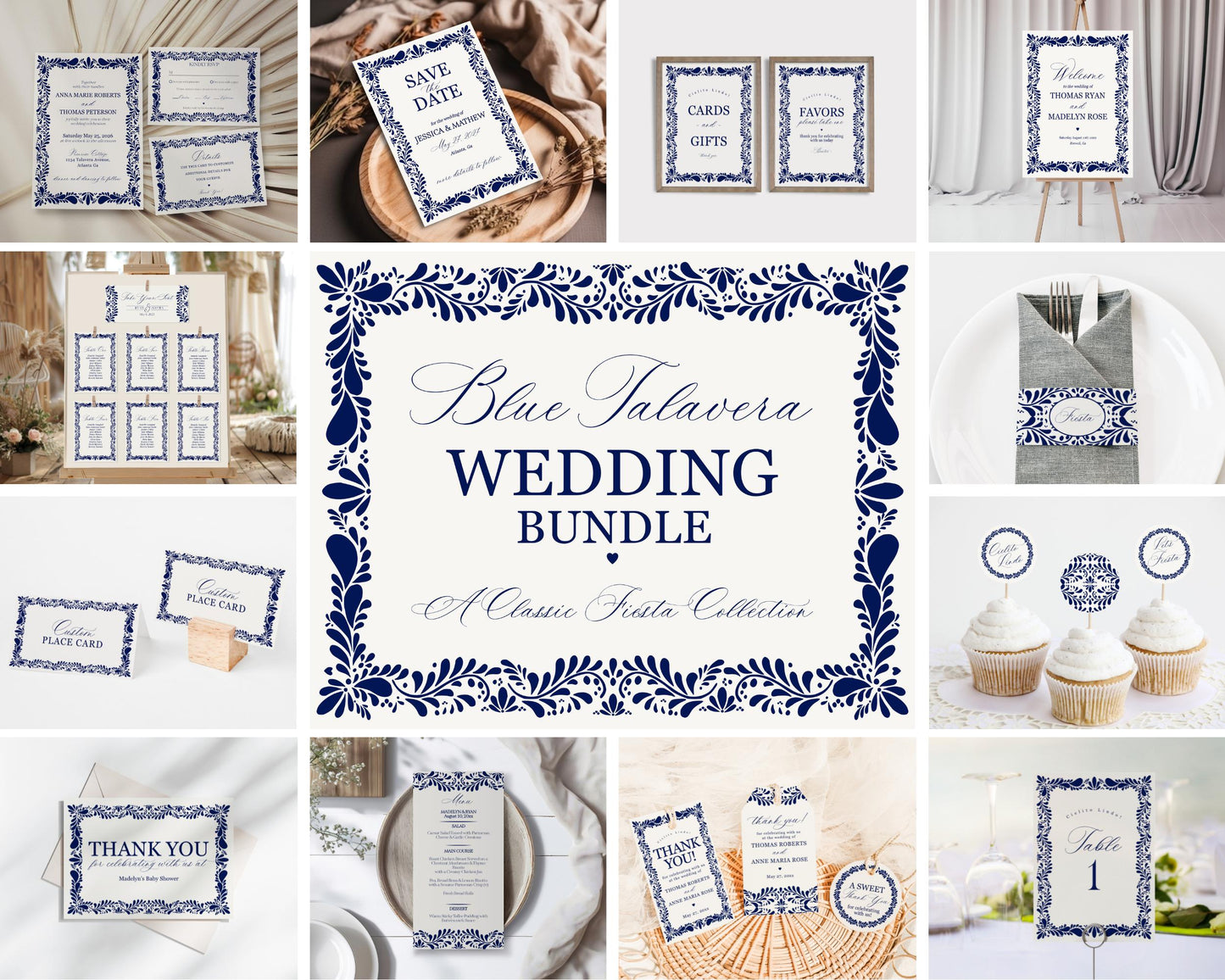 Blue Talavera Wedding Decor Printable Template Bundle, Spanish Tile Mexican Wedding Fiesta, Papel Picado Wedding WP1018