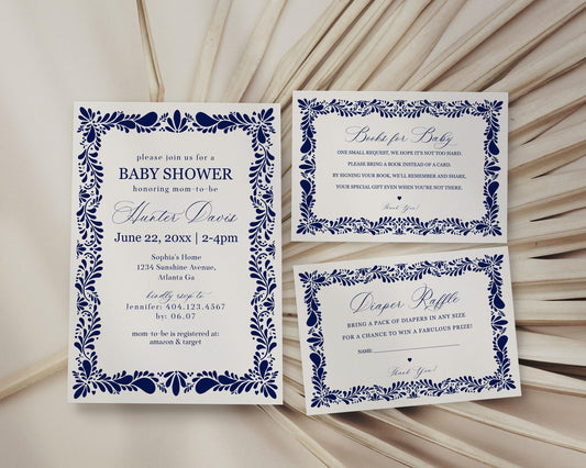 Blue Talavera Baby Shower Invitation Template, Spanish Tile Mexican Baby Shower Fiesta, Gender Neutral Baby Sprinkle Cielito Lindo WP1018