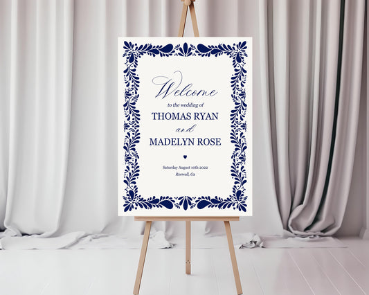 Blue Talavera Wedding Welcome Sign Printable Template, Spanish Mexican Couples Shower Fiesta, Rose Papel Picado Wedding Decor WP1018