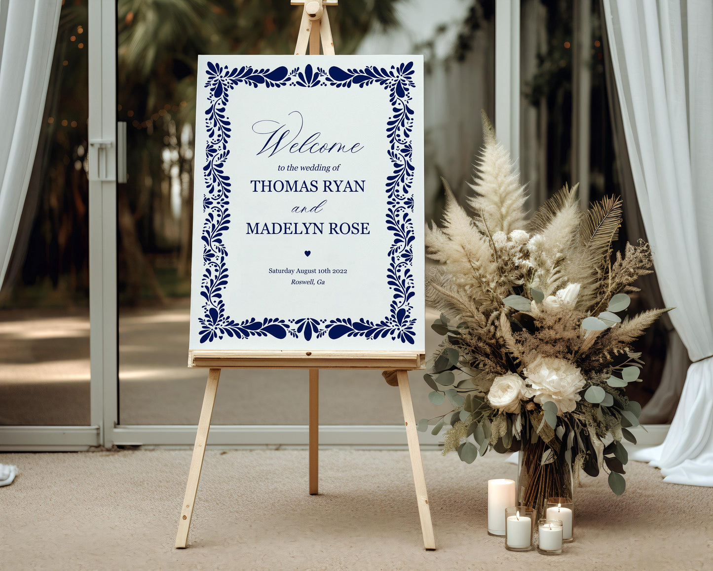 Blue Talavera Wedding Welcome Sign Printable Template, Spanish Mexican Couples Shower Fiesta, Rose Papel Picado Wedding Decor WP1018