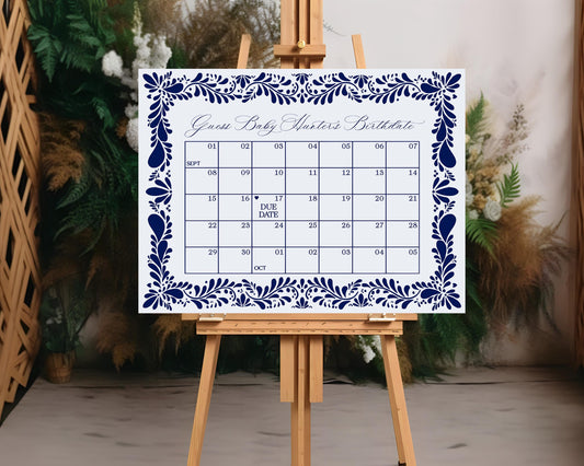 Blue Talavera Baby Shower Guess the Date Template, Spanish Tile Mexican Baby Shower Fiesta Gender Neutral Baby Sprinkle Cielito Lindo WP1018